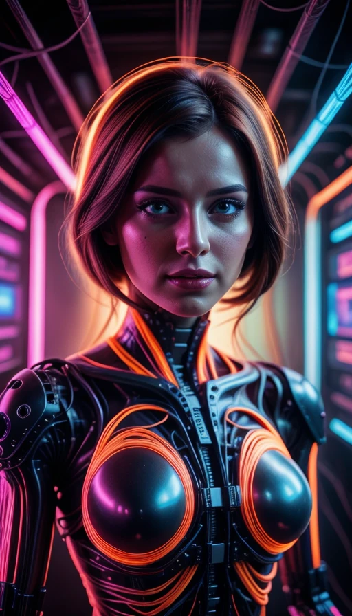 colorful chaos, vivid colors, striking visual design, <lora:add_detail:0.75>, <lora:sharpen-soften:-0.2>, <lora:stylesqueeze_v2:0.25>, <lora:realistic:0.25>,
1 girl, adult woman, petit, hazel eyes, auburn half-up half-down hairstyle, portrait, solo, upper body, looking at viewer, detailed background, detailed face, (<lora:1970RetroFuturism:0.6>, 1970retrofuturism, 1970s theme:1.1), android, cyborg, mechanical limbs, mechanical eyes, wires, advanced technology, dynamic pose, emotionless, artificial intellgience, steel, digital implants, nanobots, electronics, gadgets, powered by electricity, holograms, particle effects, bright lights, neon colors, cables in background, cinematic atmosphere, <lora:isobug:0.75> <lora:speedy1p5:1.15>