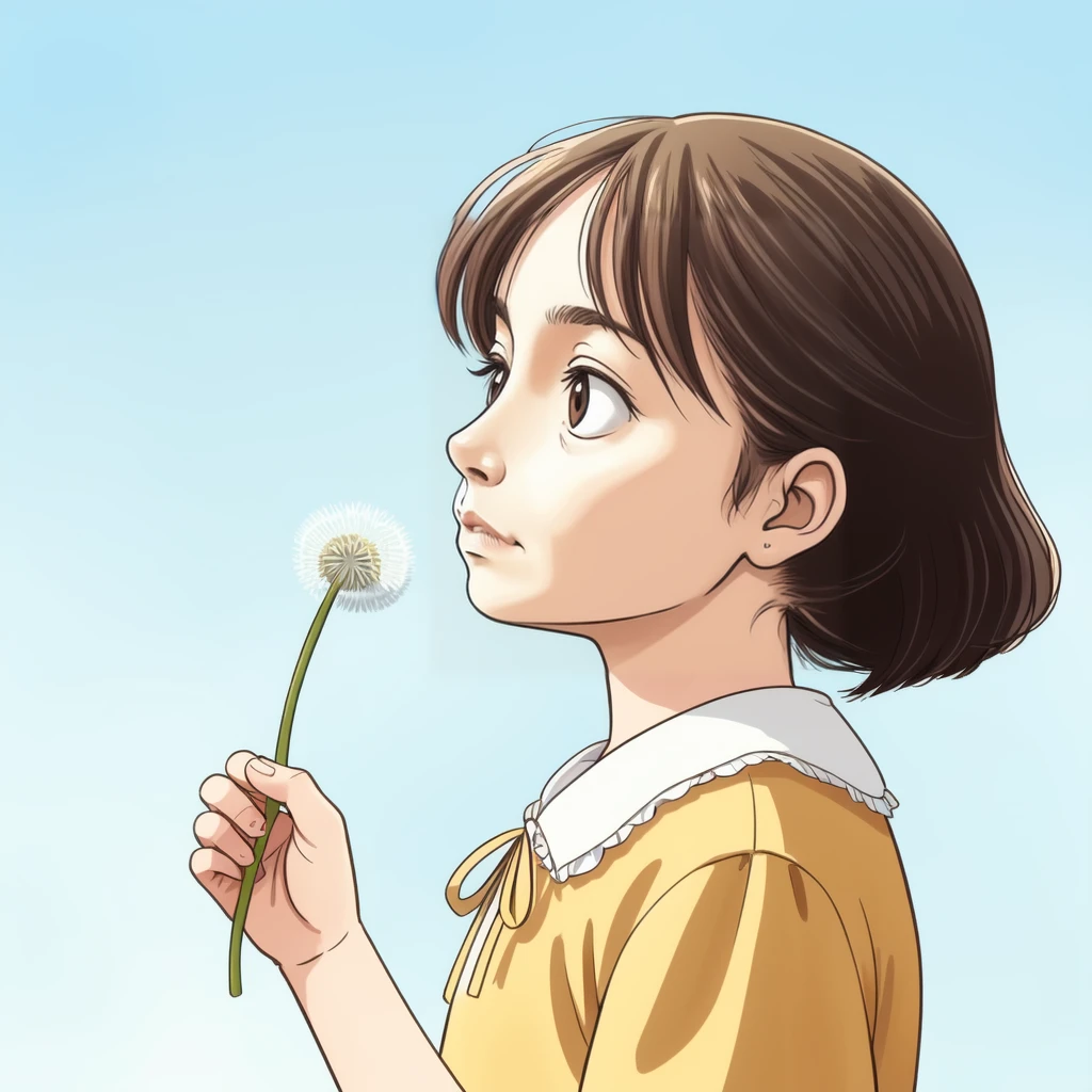 <lora:dandelion:0.5>, dandelion seed, 1girl ,blow, from side, old woman