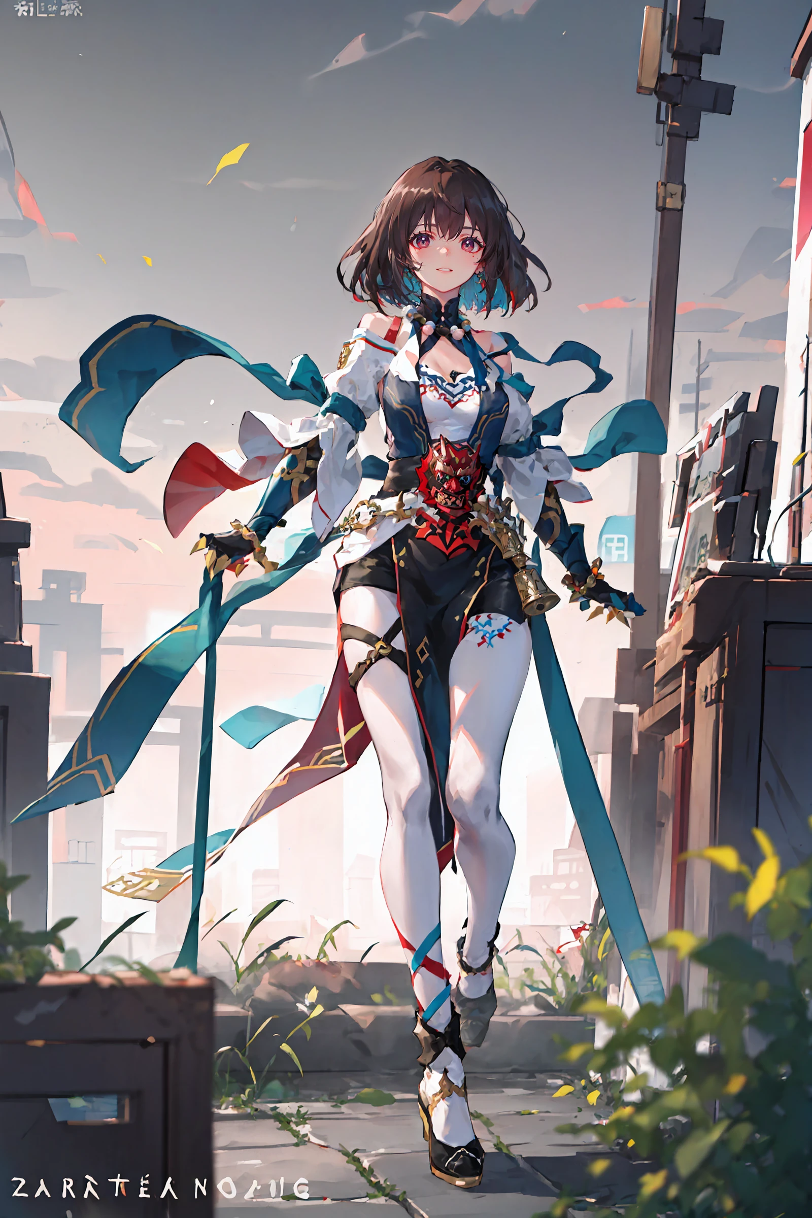 1girl, xueyi \(honkai: star rail\), looking at viewer, tabard, high heel boots, clawed gauntlets, bead necklace, white pantyhose, off-shoulder shirt, pelvic curtain, high belt, shawl, thigh strap, full body, standing, hand in own hair, floating hair, looking at viewer, light smile, garden, east asian architecture, outdoors, depth of field, masterpiece