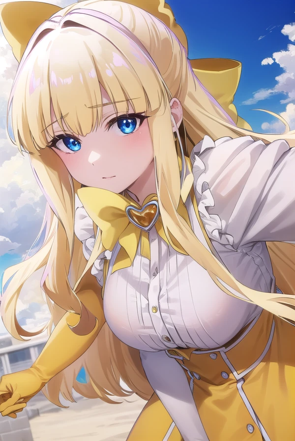 kaorukotenkawa, <lora:kaoruko tenkawa-lora-nochekaiser:1>,
kaoruko tenkawa, long hair, blue eyes, blonde hair, bow, hair bow, yellow bow,
BREAK gloves, dress, heart, elbow gloves, magical girl, yellow gloves,
BREAK outdoors, city, sky, sun, clouds,
BREAK looking at viewer, (cowboy shot:1.5),
BREAK <lyco:GoodHands-beta2:1>, (masterpiece:1.2), best quality, high resolution, unity 8k wallpaper, (illustration:0.8), (beautiful detailed eyes:1.6), extremely detailed face, perfect lighting, extremely detailed CG, (perfect hands, perfect anatomy),
