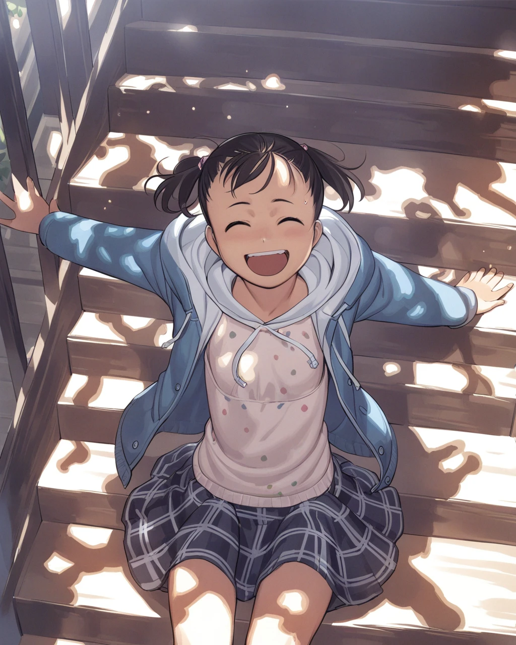masterpiece, best qualityï¼
<lora:col_xl:1>ï¼1girl, closed eyes, skirt, solo, dappled sunlight, stairs, open mouth, sunlight, twintails, hood, child, black hair, short twintails, smile, sitting, hoodie, shade, plaid skirt, short hair, jacket, plaid, outstretched arms, happy, brown hair, female child