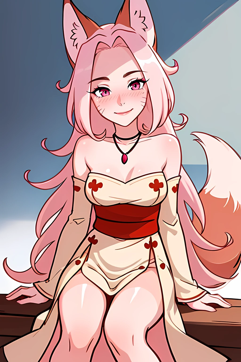 masterpiece, best quality, very detailed illustrations, <lora:madamai:0.5>, 1girl, solo, (full length), long pink hair, fox ears, animal ear fluff, fox tail, jewelry, bare shoulders, pink eyes, facial mark, dress, sitting, smile, blush,