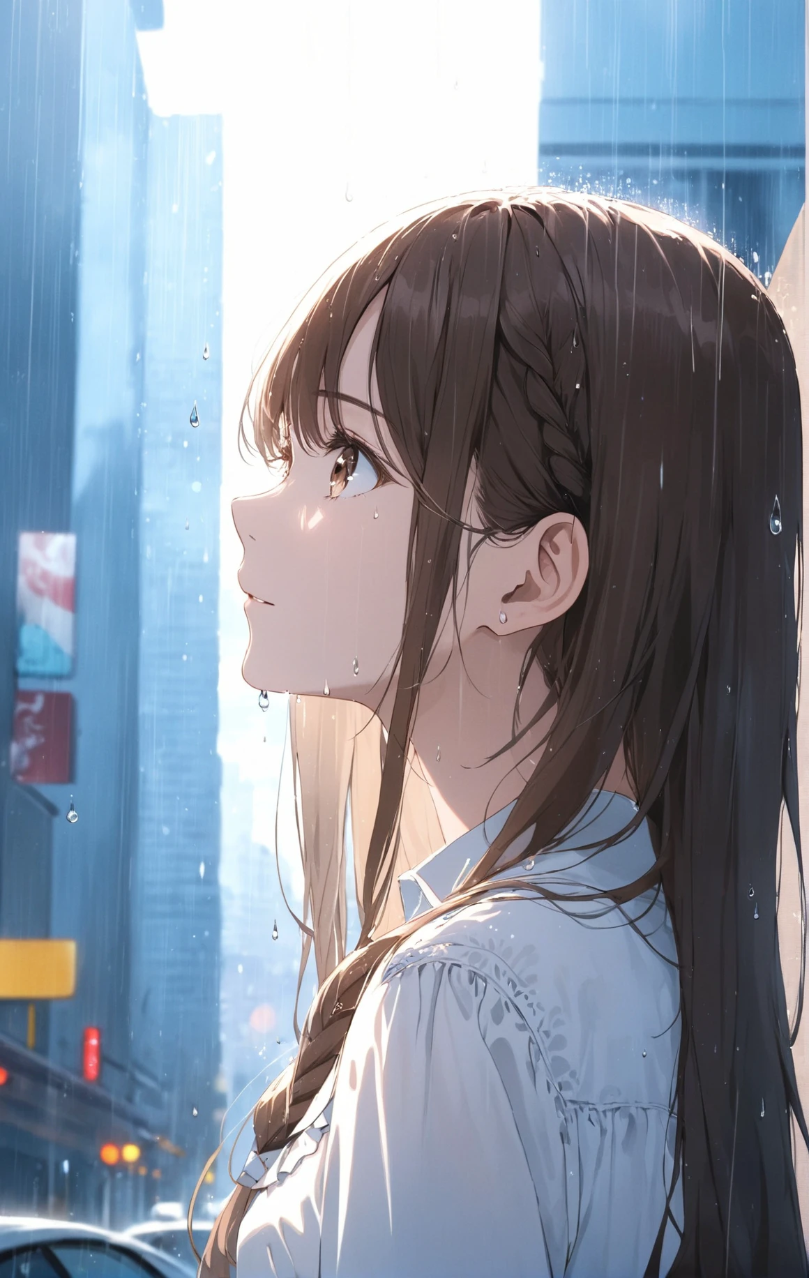 1girl, profile, looking to the side,  depth of field, long hair, french braid, straight hair, portrait, modern city, blouse, brown hair, looking up, rain, raindrop, lens flare, sunshine, eyeliner, eyeshadow, masterpiece, best quality