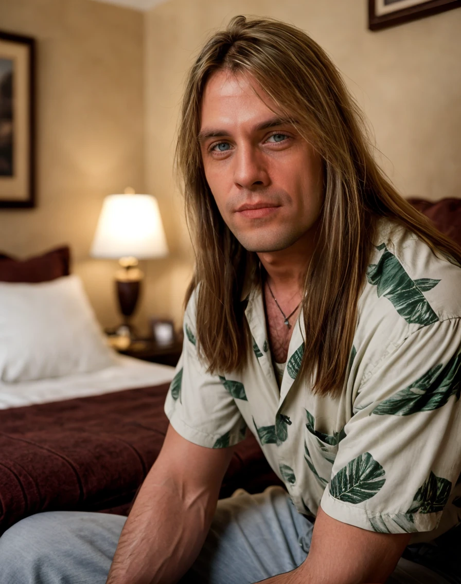 cinematic film still <lora:quiron_AndiDeris_v1_lora:0.97> AndiDerisQuiron man, long hair, a happy man wearing hawaiian shirt, depth of field, guest room, Often decorated with a fold-out sofa bed, floral bedspread, and an assortment of mismatched furniture . shallow depth of field, vignette, highly detailed, high budget Hollywood movie, bokeh, cinemascope, moody, epic, gorgeous, film grain, grainy