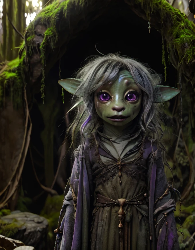 deet, grottan, gelfling, female, wearing old grey robes, medium messy hair, grey hair, half body, indoors, dark unlit cave with moss and stalagtites, large eyes apart , smooth, purple magic <lora:GelflingsV2-000011:1>