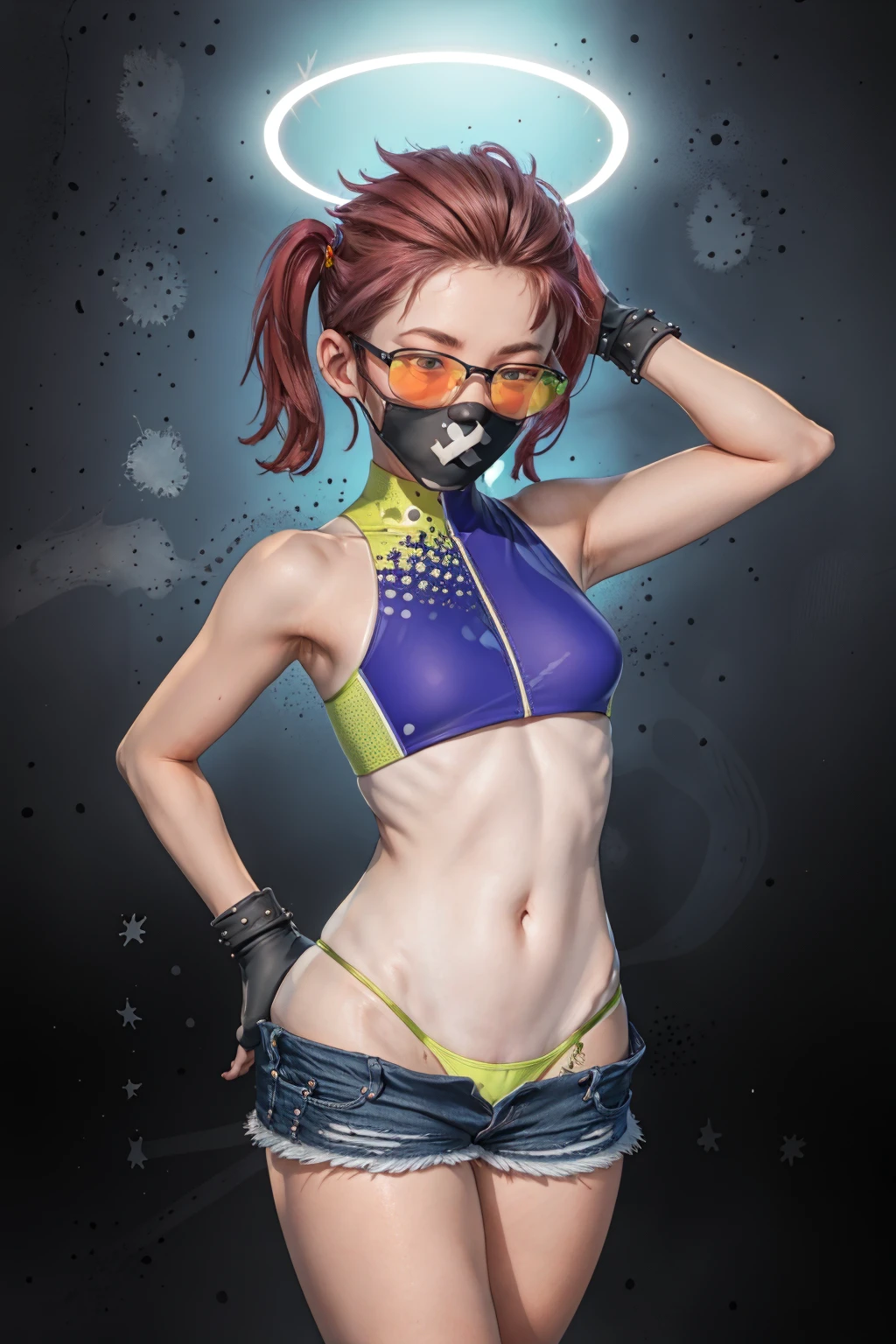 best quality, masterpiece <lora:SeasideSukeban:1> seasidesukeban, seasidesukebanbikini, tanlines, mouth mask, sunglasses, halo, spiked gloves, denim shorts, micro shorts, shorts pull, clitoris slip, 1girl, beach, huge breasts, wide hips extreme detailed, highest detailed, centered, RAW photo, DSLR, photo-realistic, photorealistic