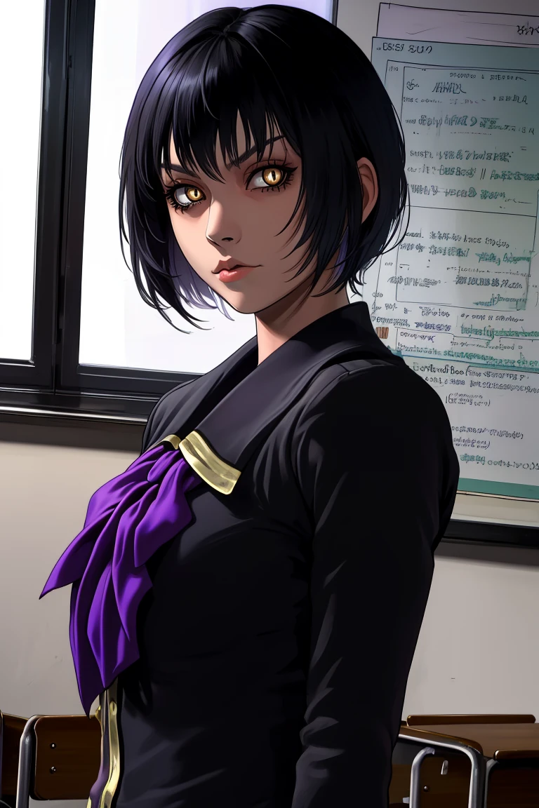 sasa,black hair,short hair,bangs,yellow eyes,slit pupils,purple neckerchief,
black school uniform,
standing.  upper body, looking at viewer, 
expressionless,
classroom,
(insanely detailed, beautiful detailed face, masterpiece, best quality),solo,<lora:SasaAyanokouji:0.8>,