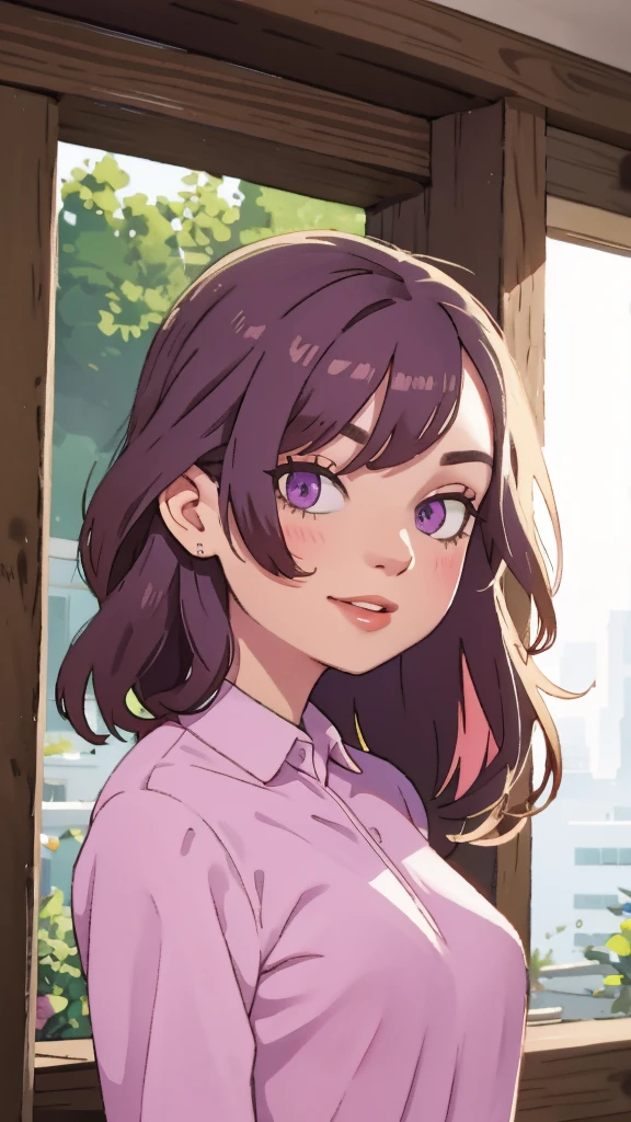 (close-up:1.1) portrait photography of girl, happy, skinny body type, (looking at viewer:1.3) BREAK pink wool uniform BREAK (amethyst frohawk hair:1.2) BREAK abandoned building in background,