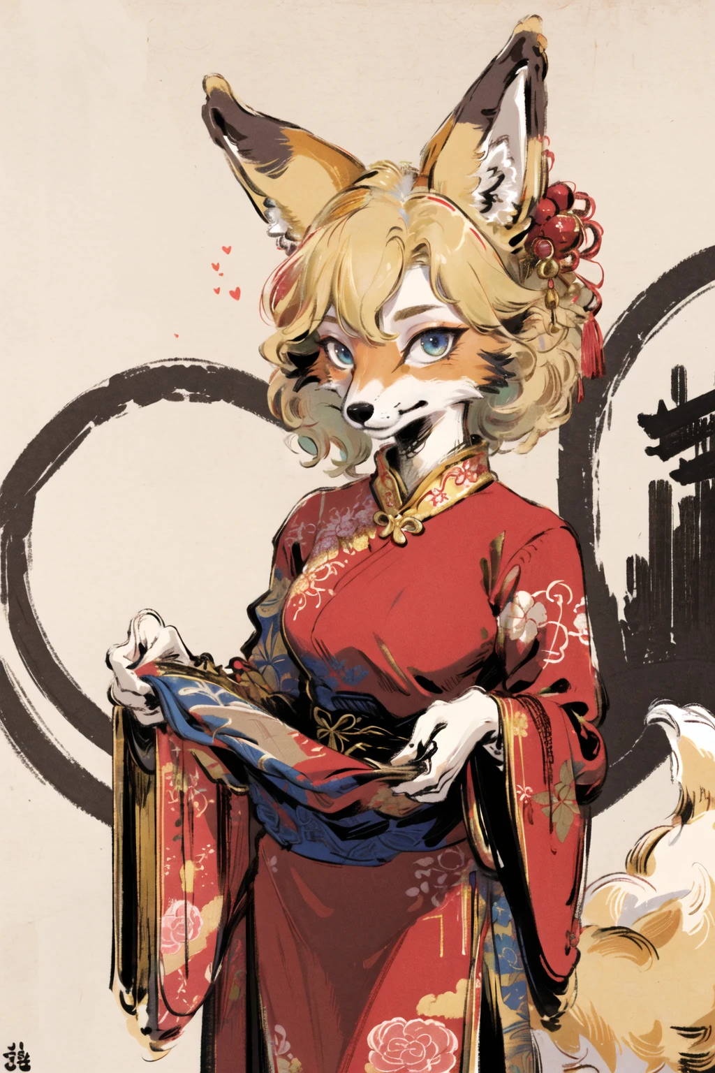 masterpiece,highres,furry fox girl,solo,blonde,chinese dress, hair ornament, anicent china
looking at viewer,