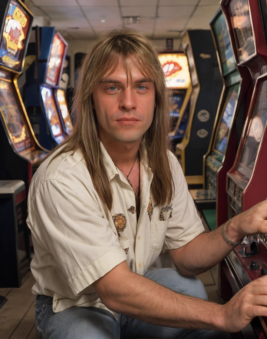 cinematic film still <lora:quiron_AndiDeris_v1_lora:0.97> AndiDerisQuiron man, long hair, a happy man wearing hawaiian shirt, depth of field, 80s style Classic Video Arcade, A retro arcade with a collection of iconic '80s games like Galaga, Frogger, and Centipede, complete with coin-operated machines . shallow depth of field, vignette, highly detailed, high budget Hollywood movie, bokeh, cinemascope, moody, epic, gorgeous, film grain, grainy