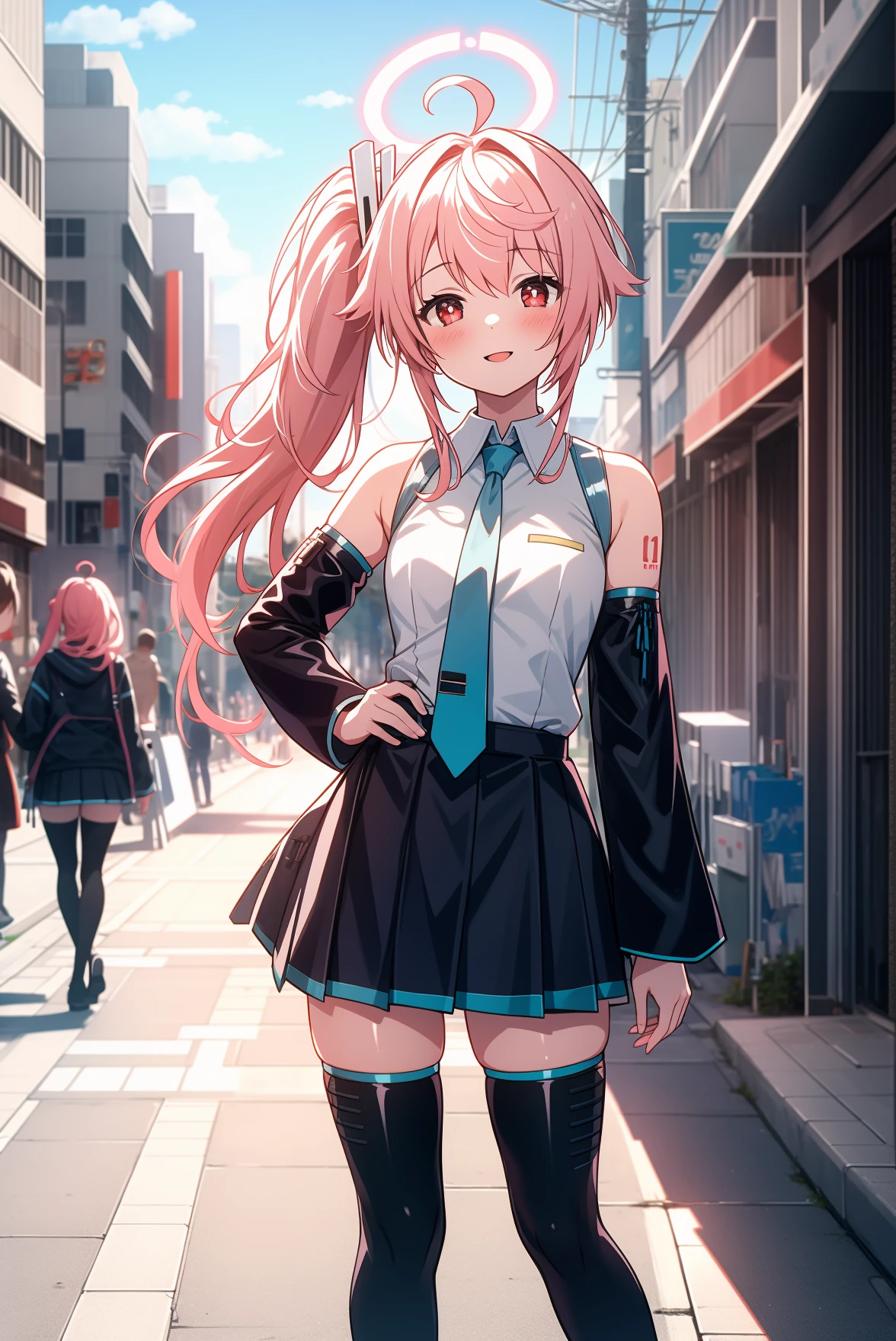 1girl, solo, outdoors, street, looking at viewer, masterpiece, best quality, high resolution, unity 8k wallpaper, (illustration:0.8), (perfect hands, perfect anatomy), blush, shiny hair, shiny skin, small breasts, natsu, long hair, pink hair, side ponytail, ahoge, red eyes, halo, miku outfit, sleeveless shirt, grey shirt, detached sleeves, necktie, arm tattoo, skirt, thighhighs, thigh boots