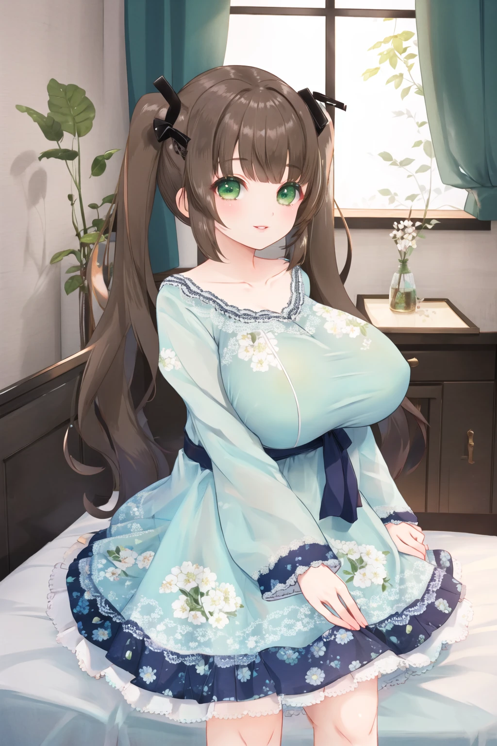 <lora:3ly3-10:0.6>, smile, lips, looking at viewer, gigantic breasts, cowboy shot, <lora:floralng-10:0.6>, floral nightgown, twintails, brown hair, green eyes, indoors, bedroom