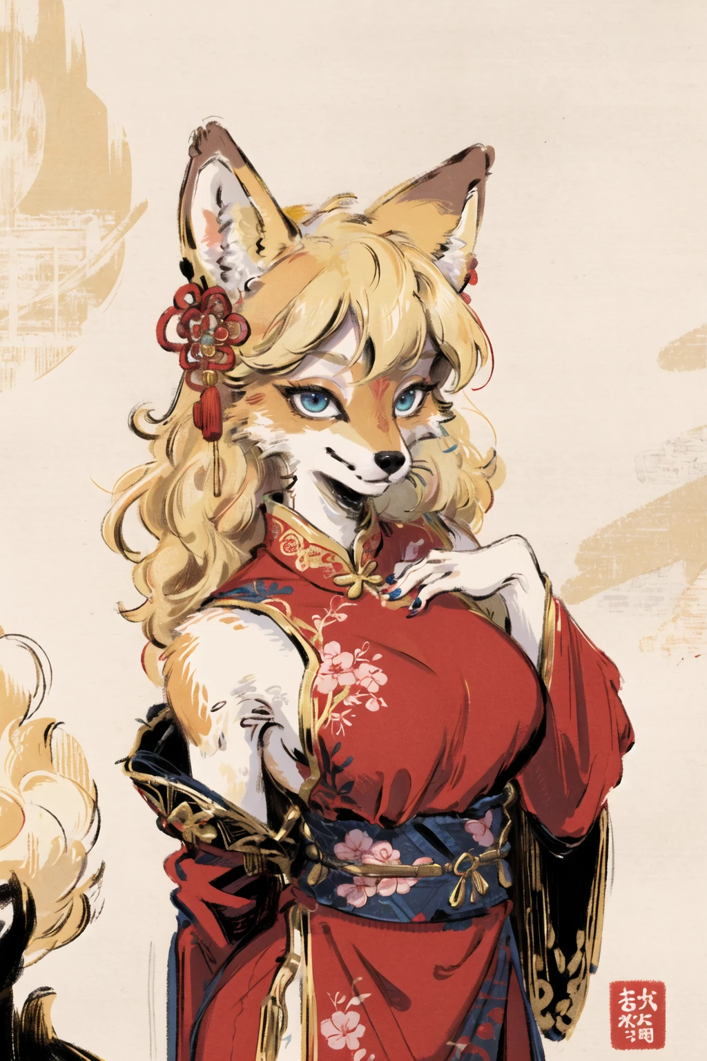 masterpiece,highres,furry fox girl,solo,blonde,chinese dress, hair ornament, anicent china
looking at viewer,
