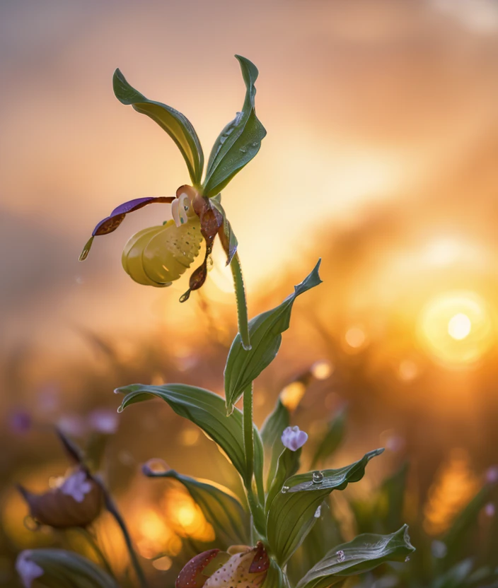 cyp3ca spectacular light, upper body, Ultra-HD-details, Low blur, warm light, dew drops, flower, blurry, no humans, depth of field, close portrait photo, Sunset, Flowering, trioplan 100mm ultra realistic 8k cg, masterpiece, professional artwork, cinematic lighting,Contained Color, Grass, forest