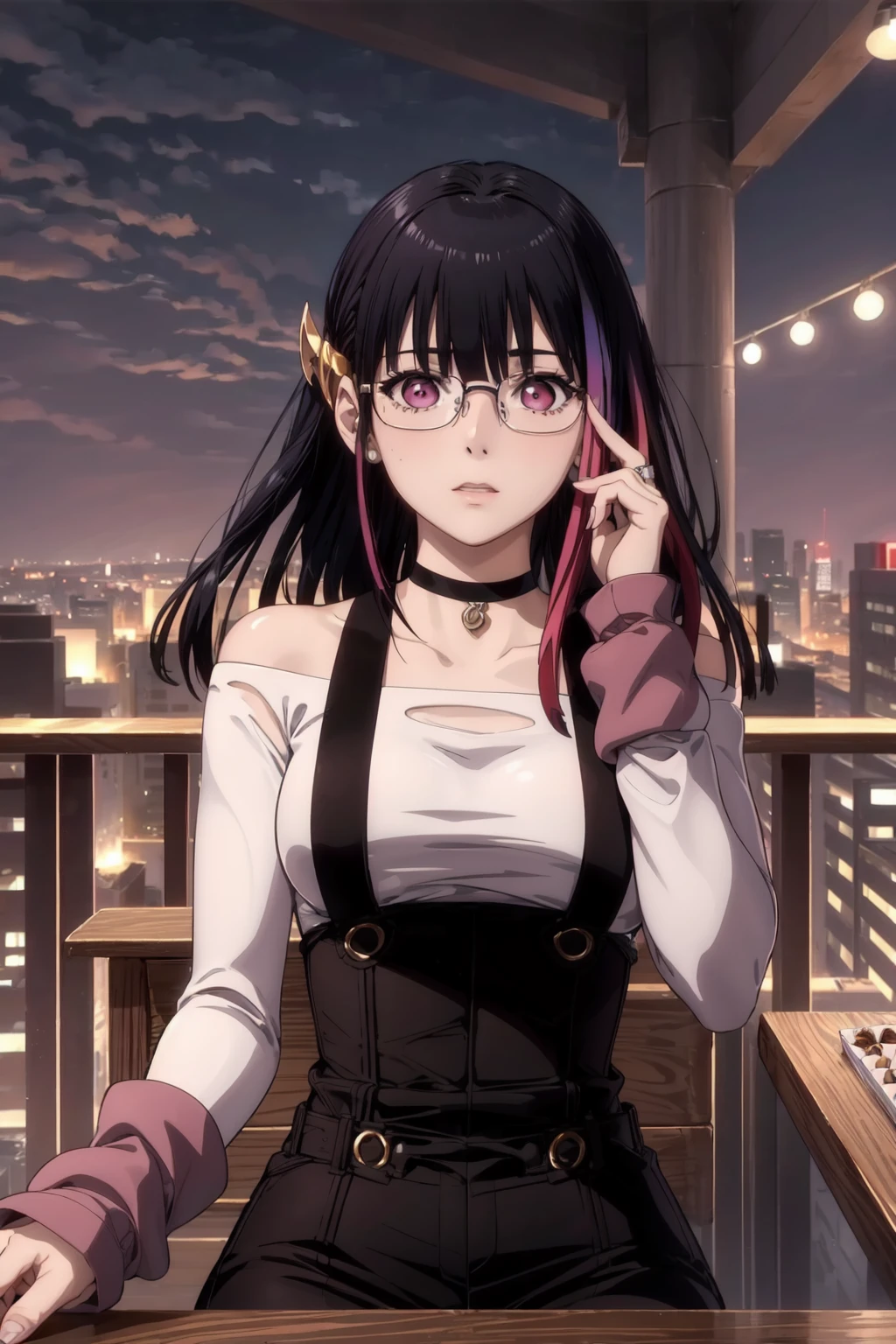 rouge redstar,1girl, black hair, solo, long hair, pink eyes,white shirt,off-shoulder shirt,black overall shorts,suspenders,(pink theme),pink light,(pov across table:1.2, looking at viewer),upper body,straight-on, facing viewer, glasses, rimless eyewear,chocolate bar, indian red arm warmers,ear ornament, black choker, streaked hair, blunt bangs ,bar, outdoors,skyline,sitting,chair, (best quality, masterpiece) <lora:rougue_redstar_v1:1>