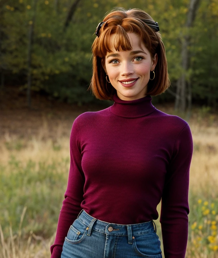 l3ur3h, high quality ,upper body, nature, outdoor, smile, Colorful dress, turtleneck, 90s style, Soft and sweet features, jeans, Short hair, intricate