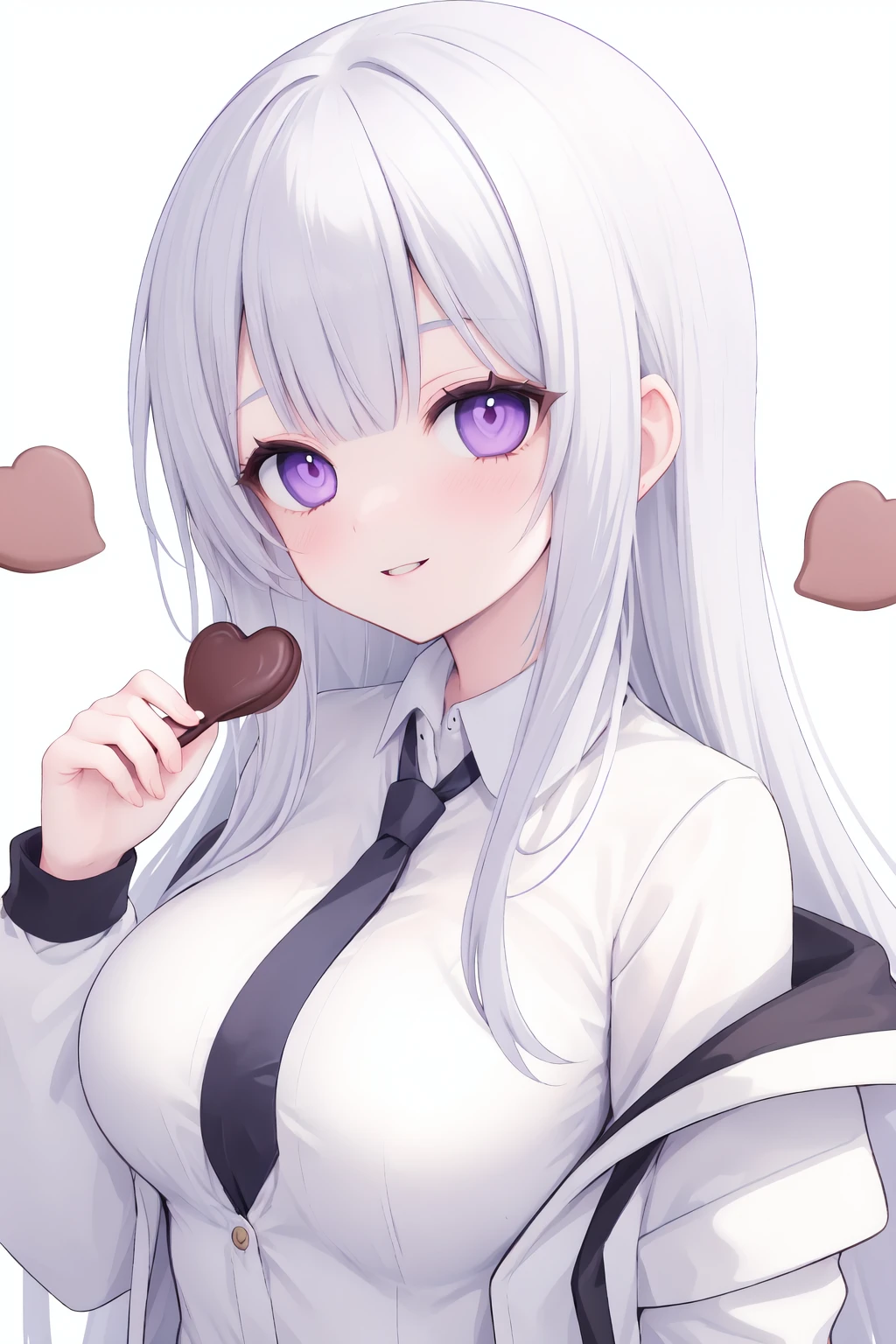1girl,solo,holding,white jacket,purple eyes,long hair,jacket,bangs,chocolate,food,shirt,looking at viewer,open jacket,very long hair,white hair,long sleeves,upper body,white shirt,blush,breasts,open clothes,collared shirt,holding food,valentine,closed mouth,smile,parted lips,medium breasts,candy,tot-style,ringed eyes,ringed pupil,
