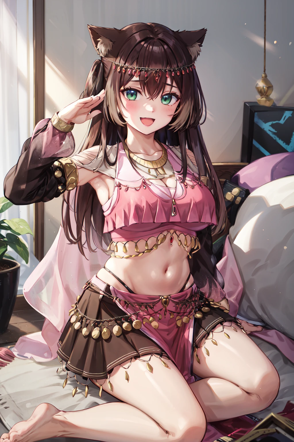 (Masterpiece level,high qulity,real photograph),Complicated details,Fantastical Atmosphere,colorful composition,A pure and beautiful girl,Lie down in bed,black in color|brown hair,Delicate and detailed face and eyes,Sexy wrap dress,sexy boobs,Lying position,Hands up,spreads her legs apart,Camel hooves,Thong panties,palace background