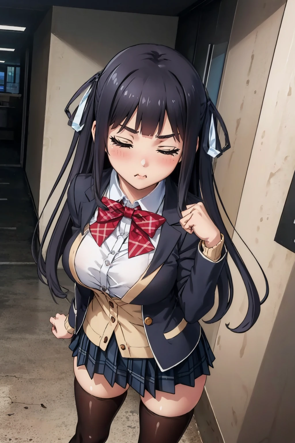 masterpiece, best quality, <lora:itsugayakanade-nvwls-v1-000009:0.8> itsugayakanade, hair ribbon, black blazer, red bowtie, yellow cardigan, plaid skirt, large breasts, black thighhighs, pout, blush, from above, hallway, looking at viewer, fists, hands down, furrowed brow, closed eyes