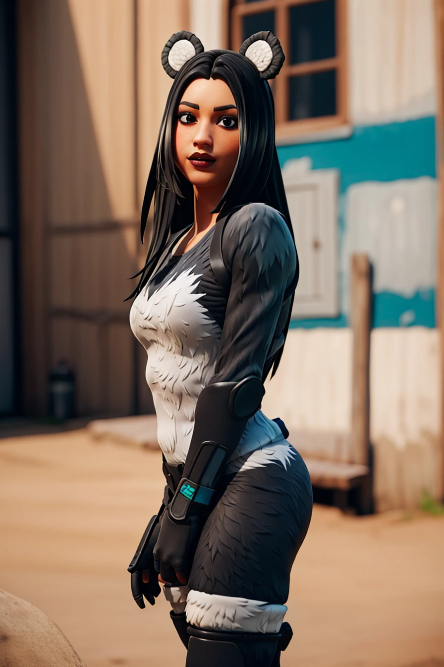 <lora:VRAMsPandaTeamLeader3:0.7>, vramsptl, black hair, 1girl, animal ears, fuzzy onesie, bokeh, makeup, long hair, shin guard, blurry background, simple background