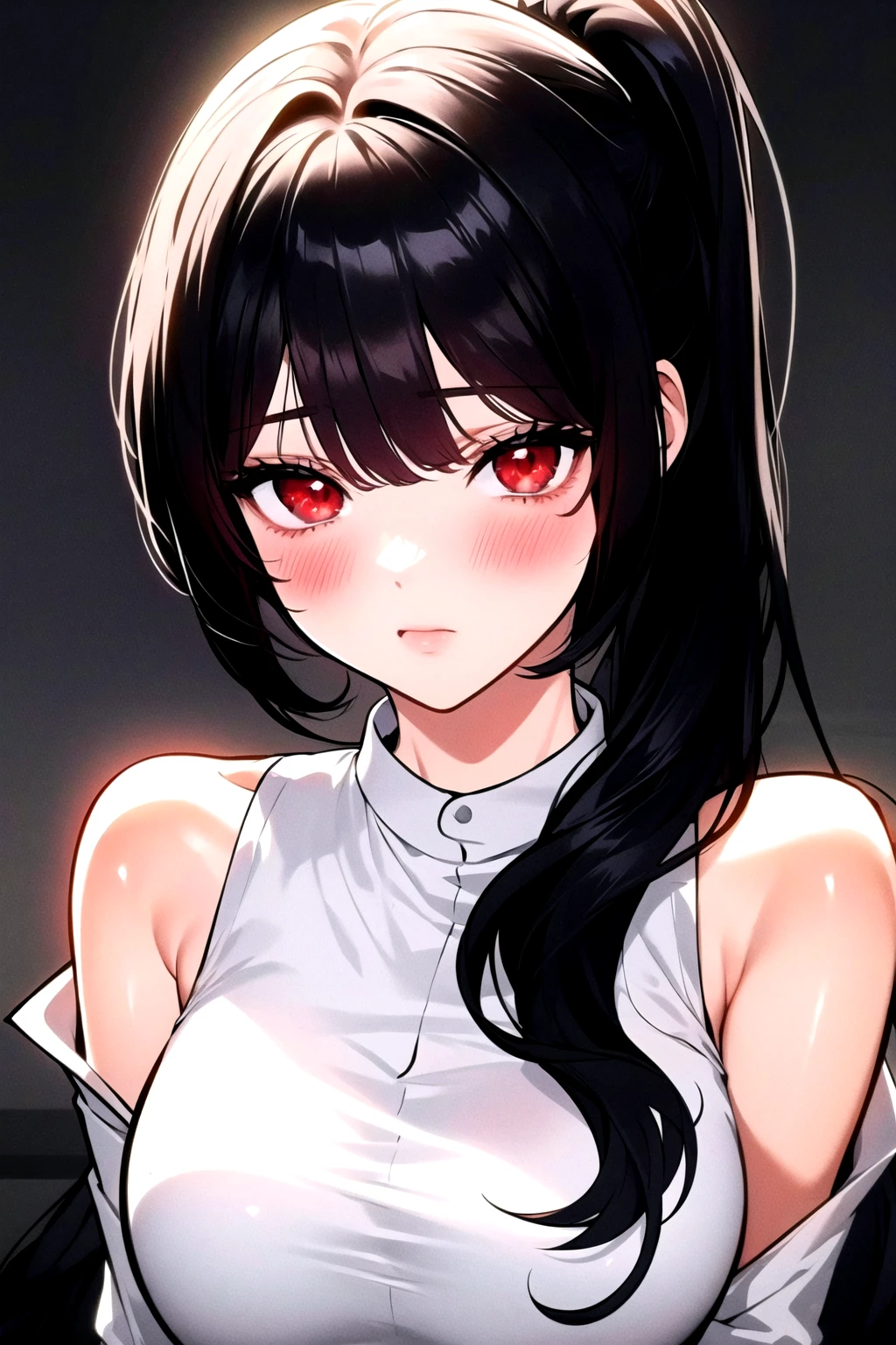 masterpiece, best quality, manhwa-artstyle, 1girl, solo, looking at viewer, blush, bangs, black hair, bare shoulders, white shirt, red eyes, upper body, ponytail, <lora:manhwa-artstyle-000025:0.6>