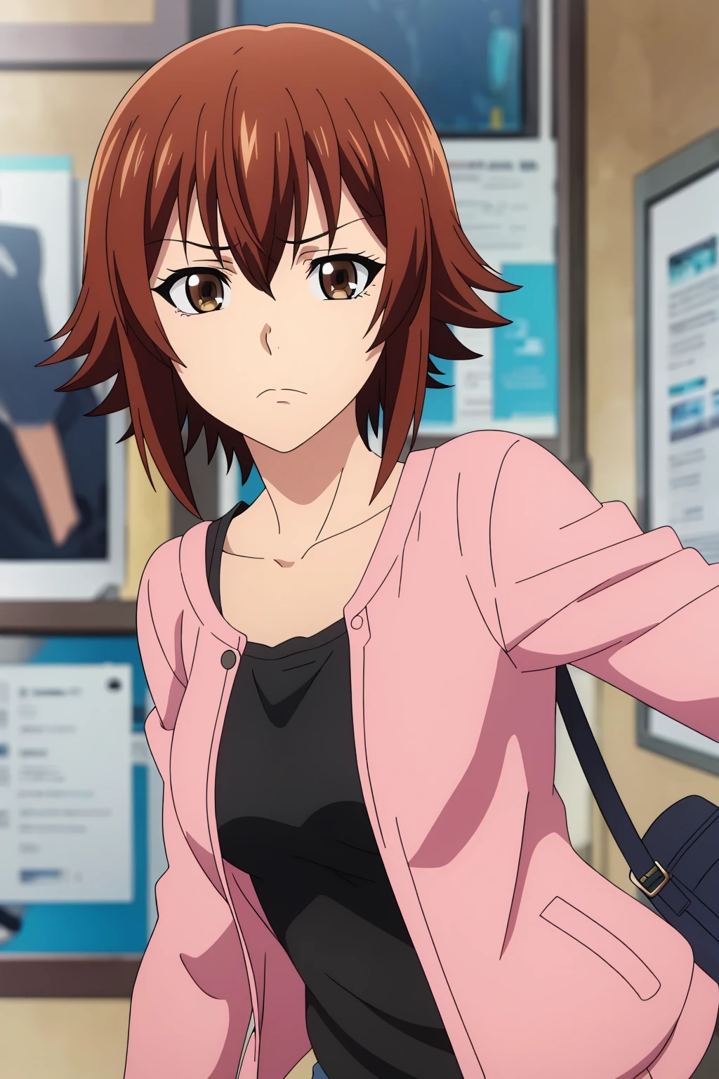 ((best quality)),((highly detailed)),masterpiece,absurdres,detailed face,beautiful face,(detailed eyes, deep eyes),(1girl),((dynamic pose)), <lora:ChisaV1:0.7>,Chisa, solo, brown eyes, shirt, short hair, brown hair, collarbone, looking at viewer, upper body, hair between eyes, closed mouth, holding, open clothes, long sleeves, shiny hair, bangs, shiny, blurry background, blurry, pink jacket, indoors, jacket, open jacket, frown, standing, breasts, casual, medium breasts, bag,