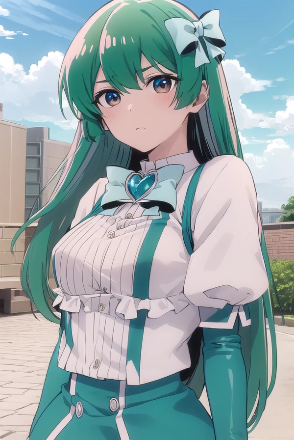 sayominakami, <lora:sayo minakami-lora-nochekaiser:1>,
sayo minakami, long hair, (brown eyes:1.5), bow, hair bow, (green hair:1.5),
BREAK skirt, gloves, boots, elbow gloves, magical girl, blue gloves,
BREAK outdoors, city, sky, sun, clouds,
BREAK looking at viewer, (cowboy shot:1.5),
BREAK <lyco:GoodHands-beta2:1>, (masterpiece:1.2), best quality, high resolution, unity 8k wallpaper, (illustration:0.8), (beautiful detailed eyes:1.6), extremely detailed face, perfect lighting, extremely detailed CG, (perfect hands, perfect anatomy),