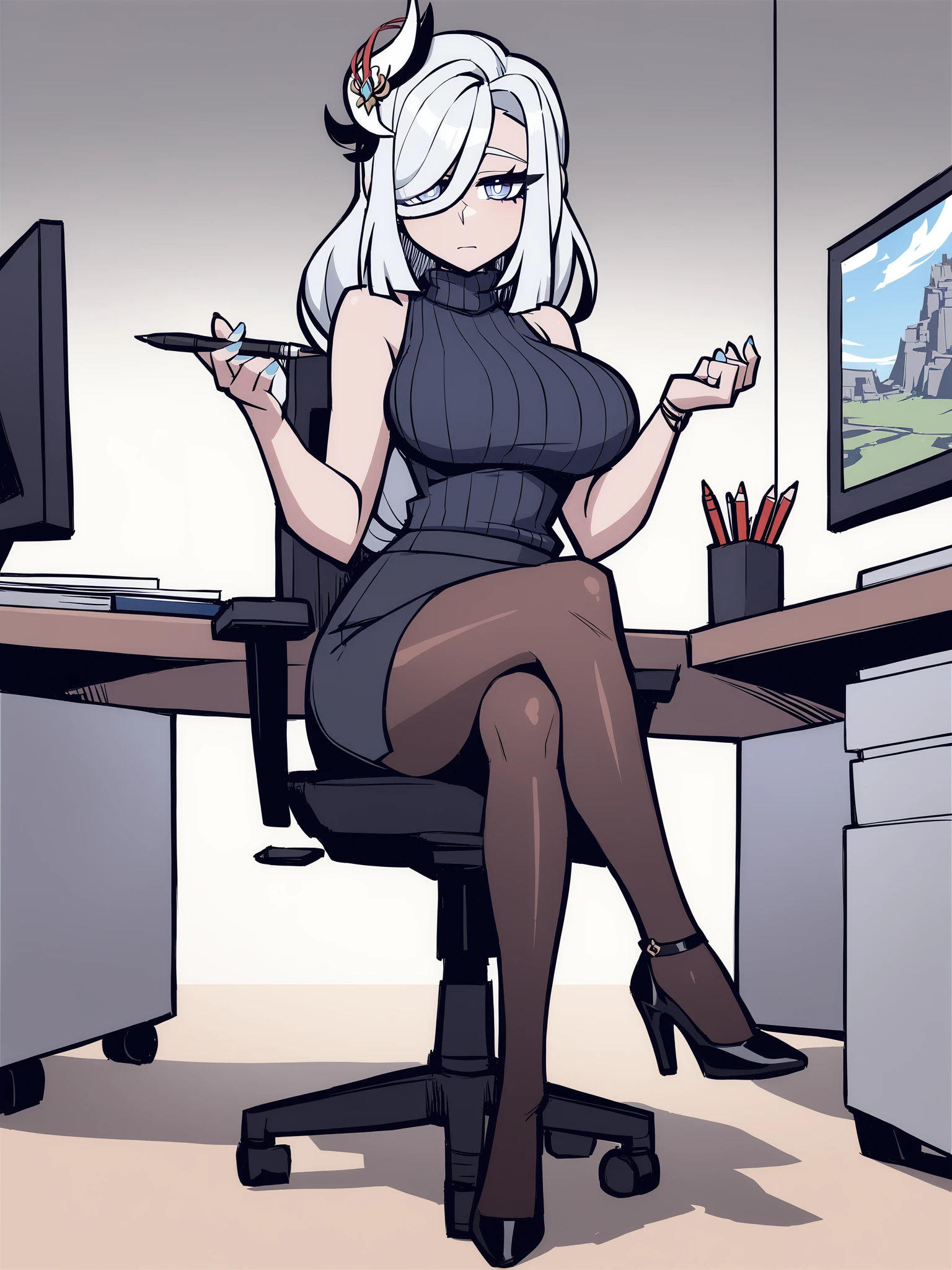 <lora:XL_Helltaker-000008:1>,Helltaker style,1girl,shenhe (genshin impact),solo,pantyhose,breasts,large breasts,long hair,skirt,blue eyes,sitting,office lady,high heels,black footwear,looking at viewer,hair ornament,blue nails,holding,white hair,pencil skirt,bangs,black skirt,nail polish,full body,closed mouth,sleeveless,alternate costume,crossed legs,pen,desk,legs,hair over one eye,sleeveless sweater,bare shoulders,contemporary,office,monitor,sweater,turtleneck,indoors,office chair,crossed ankles,brown pantyhose,swept bangs,holding,, masterpiece, best quality,