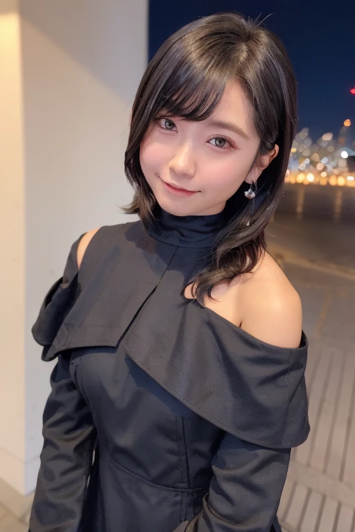 Top Quality, Photorealistic, 8K, High Definition, 1 Girl, Female, (Professional Lighting), (Portrait:0.6), (Off-Shoulder Dress:1.72), Gorgeous, Black Hair,Ash, (Short Hair:1.2), (1.4), (Viewing Viewer: 1.6)), (Look into Camera), Photorealistic, (Bokeh), ( Portate:0.6), (Dynamic Pause:1.2), SFW, (Smile:1.6),