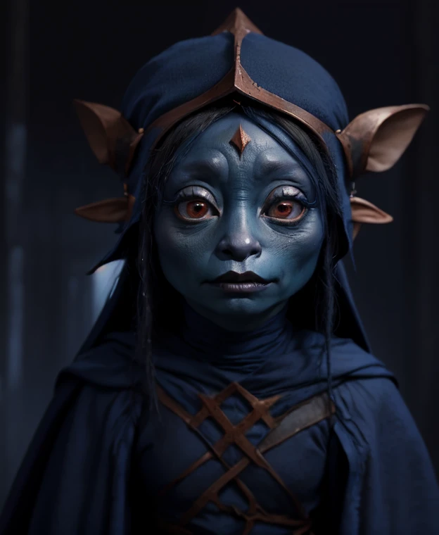 dousan, gelfling, upper body, darkblue robes, robes, headgear, dark room, fog, big eyes, headgear, big eyes, facepaint, jewelry, <lora:Gelfling_Clans_Dark_Crystal:1>