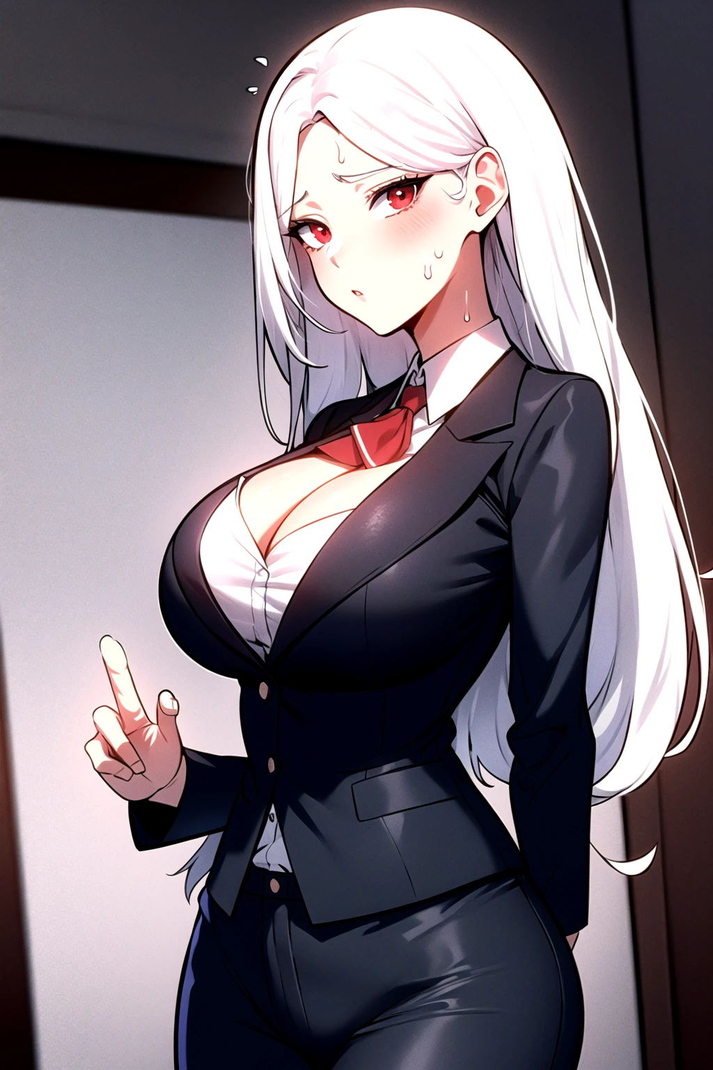 masterpiece, best quality, manhwa-artstyle, 1girl, solo, breasts, cleavage, long hair, white hair, looking at viewer, sweat, red eyes, large breasts, business suit, collared shirt, <lora:manhwa-artstyle-000025:0.6>