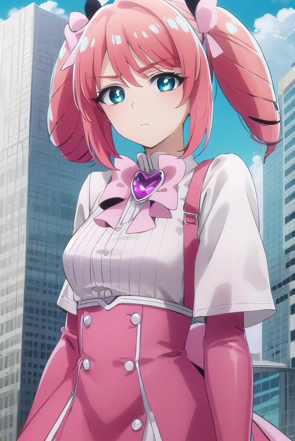 harukahanabishi, <lora:haruka hanabishi-lora-nochekaiser:1>,
haruka hanabishi, twintails, (green eyes:1.3), pink hair,
BREAK thighhighs, gloves, dress, bow, magical girl, pink gloves,
BREAK outdoors, city, sky, sun, clouds,
BREAK looking at viewer, (cowboy shot:1.5),
BREAK <lyco:GoodHands-beta2:1>, (masterpiece:1.2), best quality, high resolution, unity 8k wallpaper, (illustration:0.8), (beautiful detailed eyes:1.6), extremely detailed face, perfect lighting, extremely detailed CG, (perfect hands, perfect anatomy),