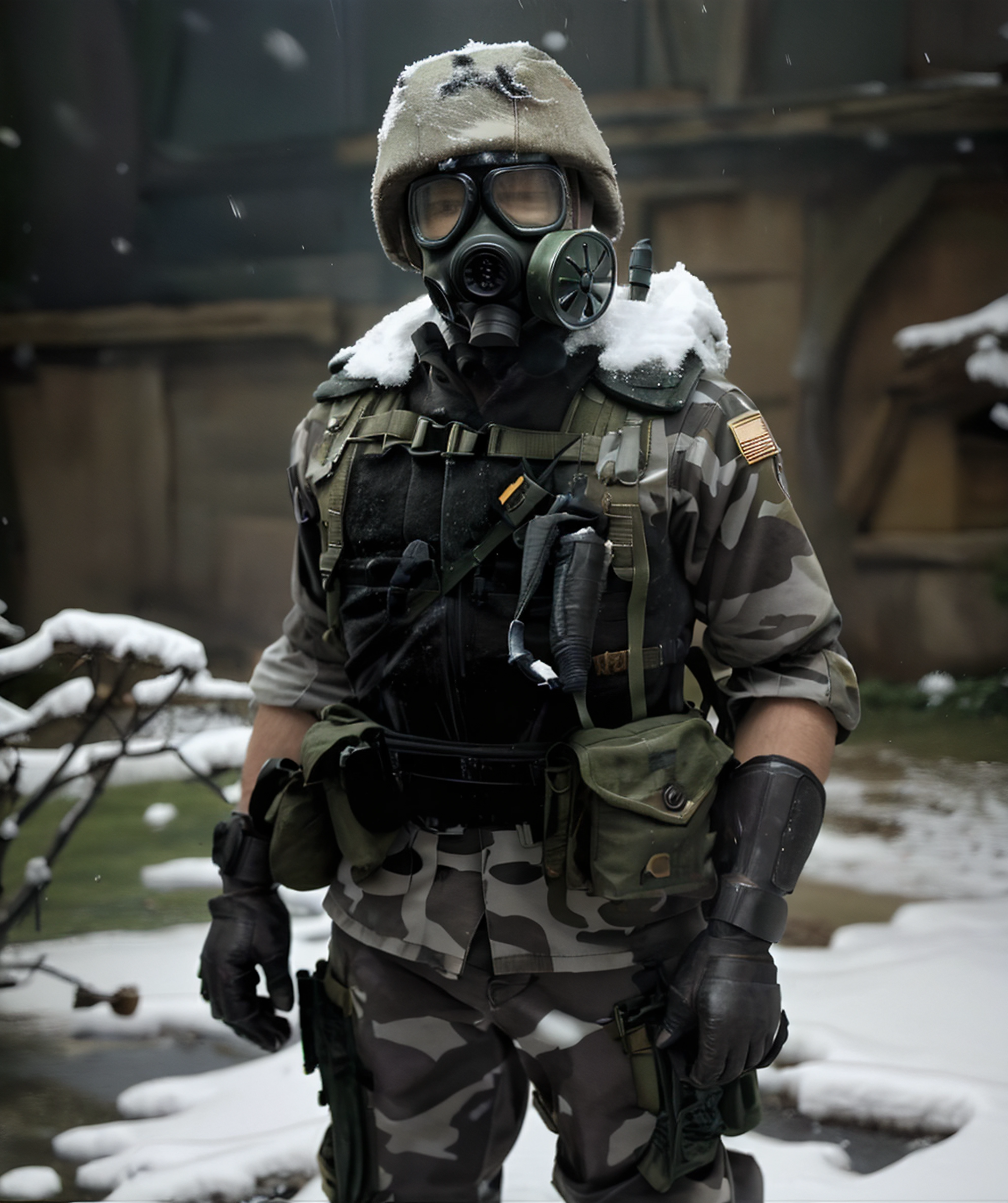 adrian_shephard, gas mask, male focus, looking at viewer, standing, snowing, town, <lora:Adrian_Shephard:0.85>