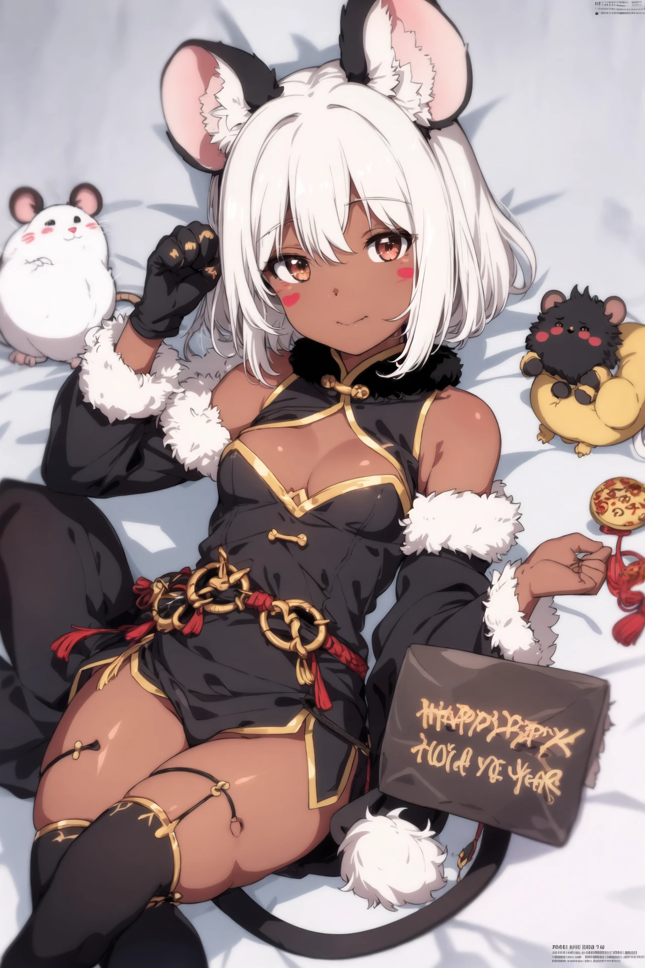ogipote, 1girl, solo, breasts, looking at viewer, blush, short hair, bangs, red eyes, thighhighs, gloves, long sleeves, animal ears, cleavage, hair between eyes, brown eyes, medium breasts, closed mouth, jacket, tail, white hair, small breasts, lying, detached sleeves, black gloves, artist name, black thighhighs, signature, dark skin, wide sleeves, on back, dated, dark-skinned female, animal ear fluff, sleeves past wrists, grey eyes, fur trim, copyright name, animal, facial mark, blush stickers, knees up, snow, new year, animal hands, mouse ears, paw gloves, happy new year, chinese zodiac, mouse, 2020, year of the rat