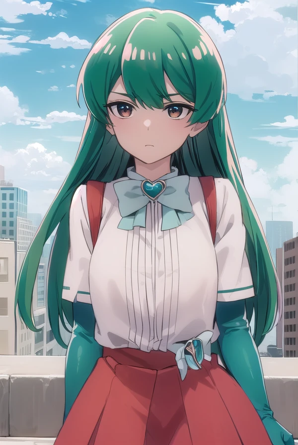 sayominakami, <lora:sayo minakami-lora-nochekaiser:1>,
sayo minakami, long hair, (brown eyes:1.5), bow, hair bow, (green hair:1.5),
BREAK skirt, gloves, boots, elbow gloves, magical girl, blue gloves,
BREAK outdoors, city, sky, sun, clouds,
BREAK looking at viewer, (cowboy shot:1.5),
BREAK <lyco:GoodHands-beta2:1>, (masterpiece:1.2), best quality, high resolution, unity 8k wallpaper, (illustration:0.8), (beautiful detailed eyes:1.6), extremely detailed face, perfect lighting, extremely detailed CG, (perfect hands, perfect anatomy),