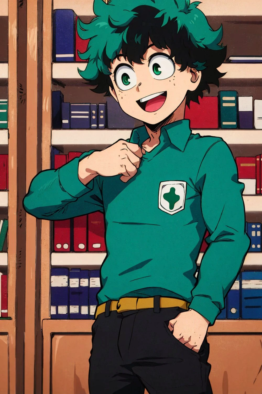 1boy, green eyes, green hair, happy, green shirt, standing, library