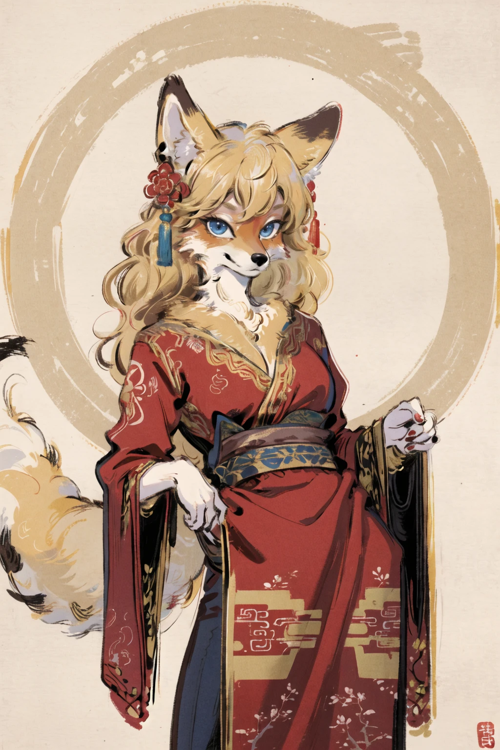 masterpiece,highres,furry fox girl,solo,blonde,chinese dress, hair ornament, anicent china
looking at viewer,