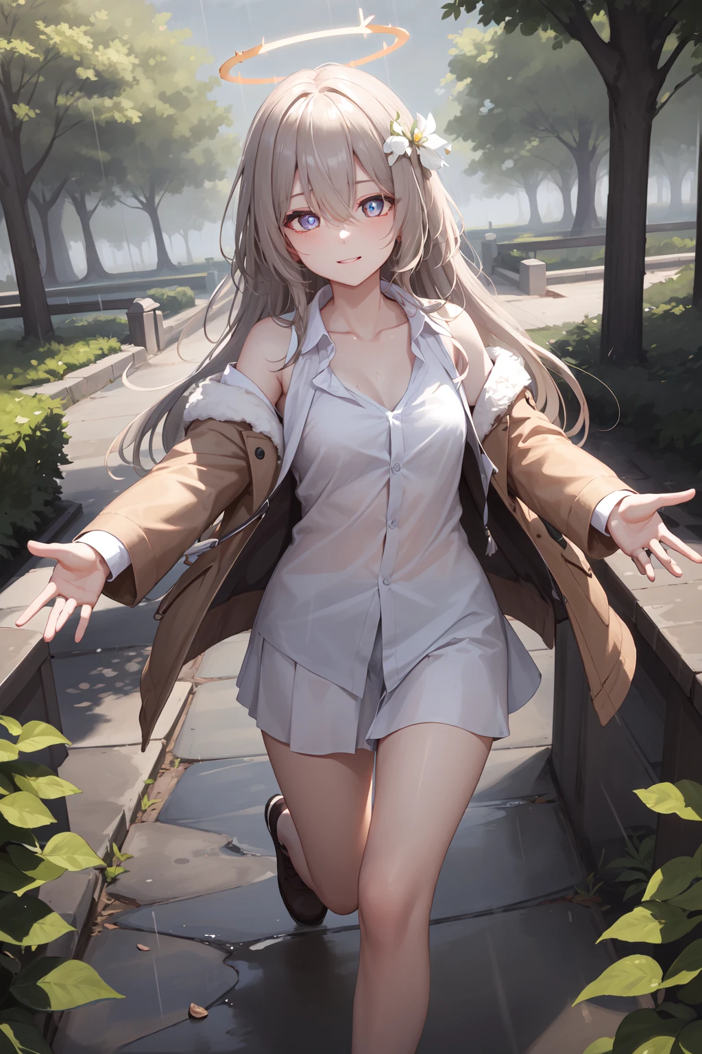 (masterpiece,best quality:1.4),(ultra-detailed,highres:1.2),wallpaper,perfect anatomy,pixiv id,colorful,
outdoor,nature,sunshine,forest,plant,leaf,tree,flower,(rain,overcast),
1girl,solo,collarbone,happy,naughty face,
(beautiful hair,bangs,hair between eyes),(looking at viewer),(bright pupils,detailed pupils,beautiful pupils,glint),
<lora:cecilia_laporta_arknights:1>,flower,halo,white shirt,jacket,running,outstretched arms,