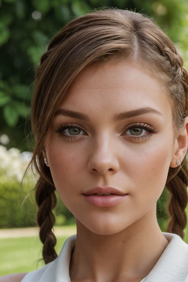 closeup headshot of S287_AlexandraRomanovna,a beautiful woman,in a (garden:1.1),wearing a (polo-shirt:1.1),(braids:1.1),(4k, RAW photo, best quality, depth of field, ultra high res:1.1),(absurdres, intricate, photorealistic, masterpiece, ultra-detailed:1.1),
