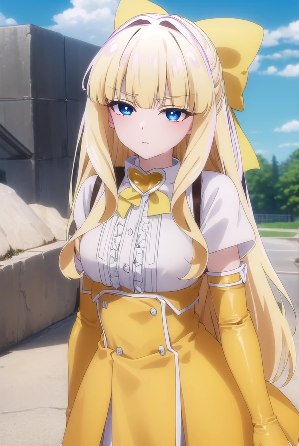 kaorukotenkawa, <lora:kaoruko tenkawa-lora-nochekaiser:1>,
kaoruko tenkawa, long hair, blue eyes, blonde hair, bow, hair bow, yellow bow,
BREAK gloves, dress, heart, elbow gloves, magical girl, yellow gloves,
BREAK outdoors, city, sky, sun, clouds,
BREAK looking at viewer, (cowboy shot:1.5),
BREAK <lyco:GoodHands-beta2:1>, (masterpiece:1.2), best quality, high resolution, unity 8k wallpaper, (illustration:0.8), (beautiful detailed eyes:1.6), extremely detailed face, perfect lighting, extremely detailed CG, (perfect hands, perfect anatomy),