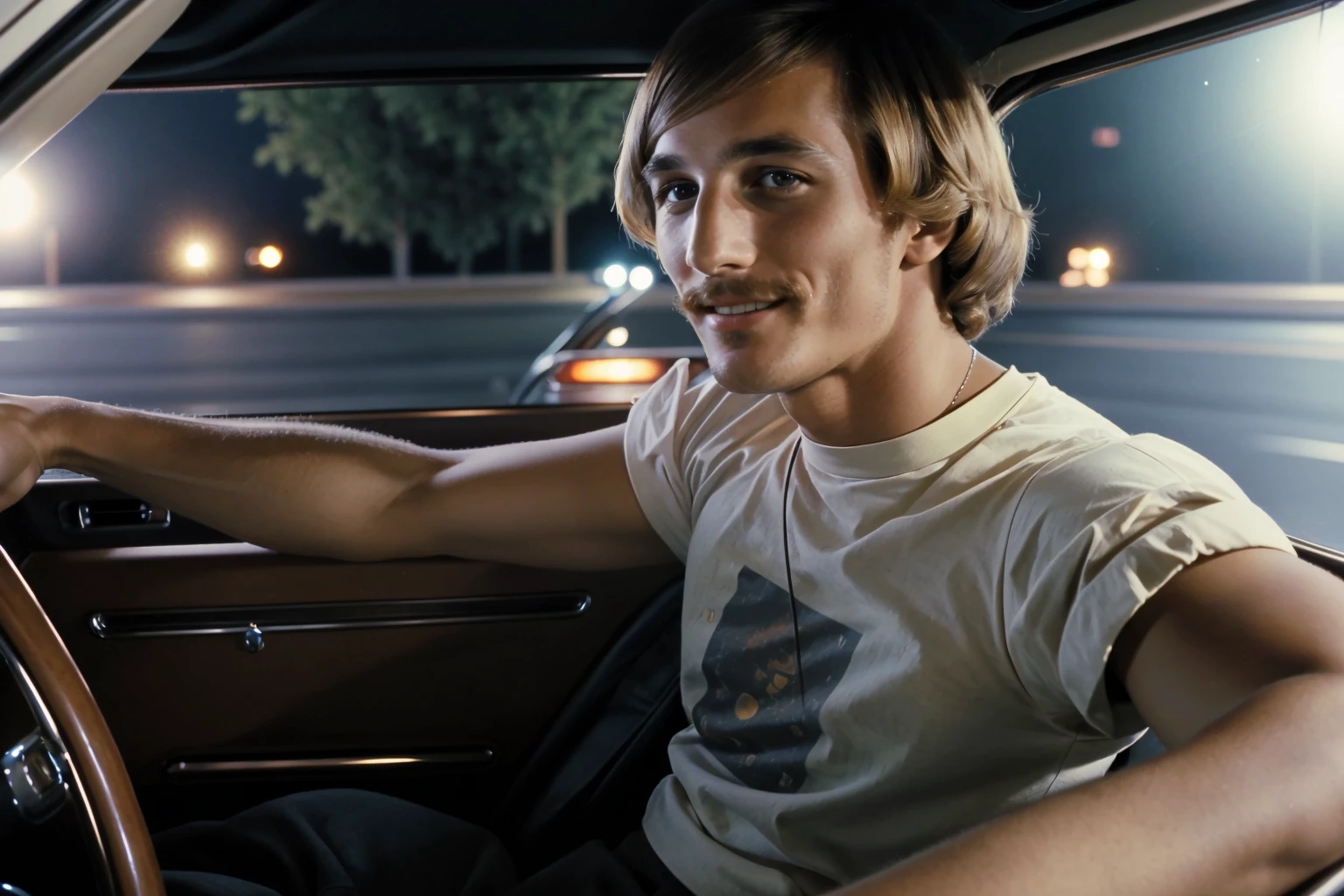 alrightx3, a man in a white shirt is looking out of a car window, arm, 1970s car, (grin:0.2), (at night:1.1), cinematic lighting, masterpiece, best quality <lora:alrightx3:1.3>