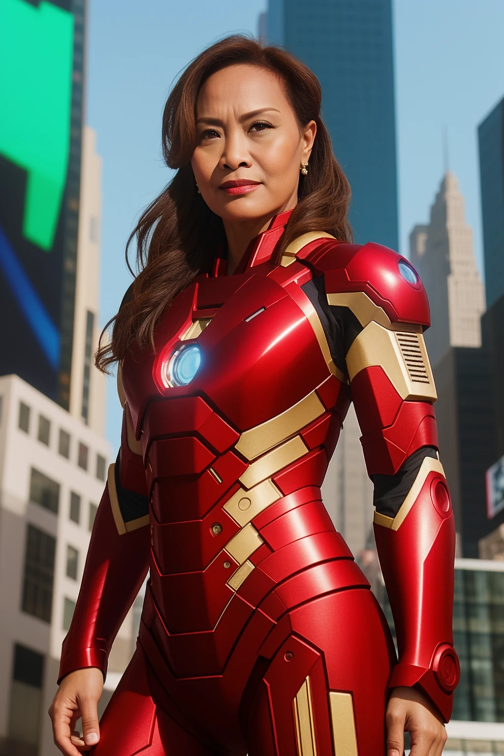 a RAW photo, portrait of allover30maya, iron man suit, times square, intricate details, masterpiece, 8k <lora:allover30maya:1>
