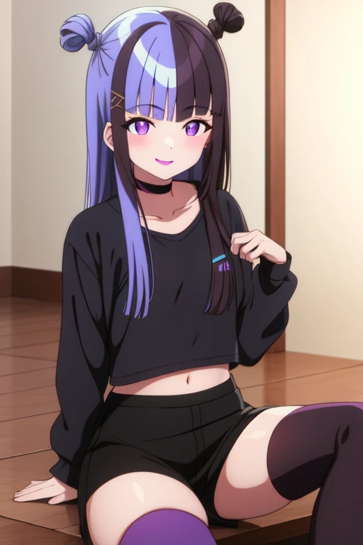 1 girl, Sitting, spread legs, smirk, sucking finger, black hair, tight pants 
