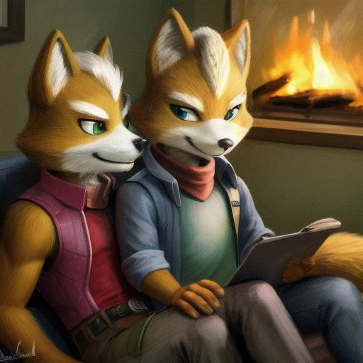 fox mccloud being romantic with wolf o donnel, sitting next to a fire inside