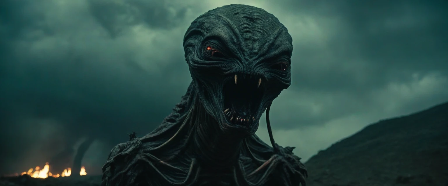 cinematic shot of a creepy alien, abomination, horror