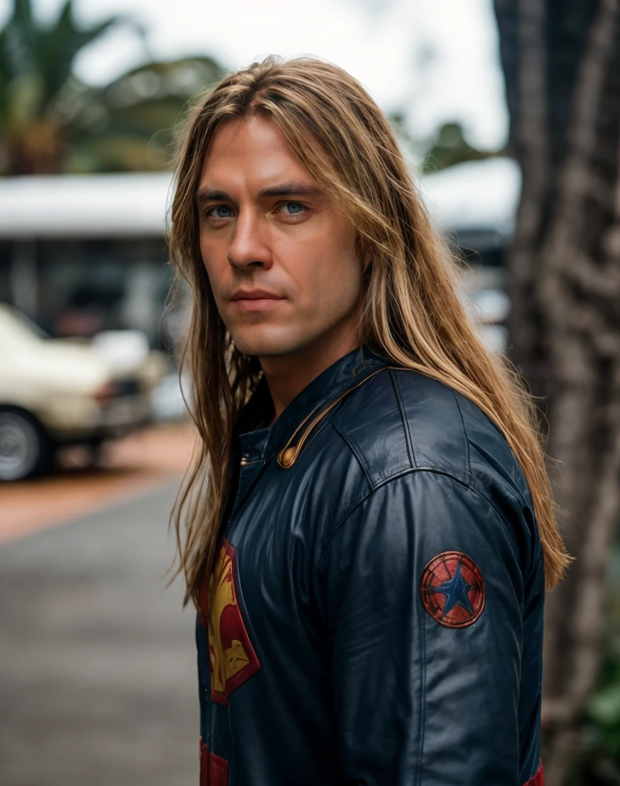 Marvel Cinematic Universe cinematic film still  <lora:quiron_AndiDeris_v1_lora:0.87> AndiDerisQuiron man, long hair, a happy man wearing  hawaiian shirt,  depth of field, . shallow depth of field, vignette, highly detailed, high budget Hollywood movie, bokeh, cinemascope, moody, epic, gorgeous, film grain, grainy . Superheroes, epic battles, colorful, highly detailed