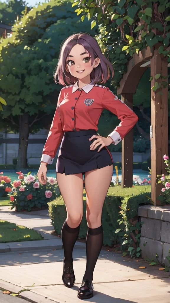 close-up photography of girl, smiling, athletic body type, (looking at viewer:1.3) BREAK celadon satin uniform BREAK (mauve fade hair:1.2) BREAK public garden in background, dusk time