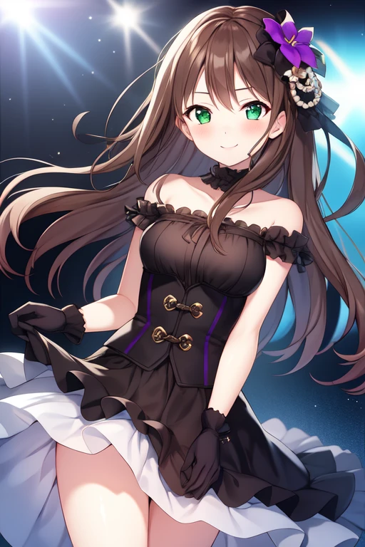 black gothic dress, 1girl, long hair, solo, brown hair, green eyes, looking at viewer, hair flower, smile, blush, bare shoulders