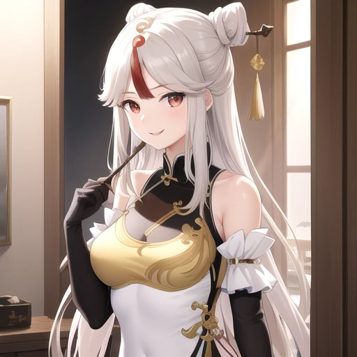 ((masterpiece)),(best quality),official art,extremely detailed CG,unity 8k wallpaper,ultra detailed,A lighthouse on a cliff by the sea,1girl,solo,upper body,(portrait:1.2),looking at viewer,very_long_hair,red_eyes,elbow_gloves,hair_ornament,black_gloves,claw_ring,white_hair,chinese_clothes,smile,high_heels,hair_stick,bangs,china_dress,parted_bangs,fur_collar,tassel,white_dress,hairpin,sidelocks,bare_shoulders,detached_sleeves,pelvic_curtain,large_breasts,bare_legs,<lora:Ningguang(gen)>,