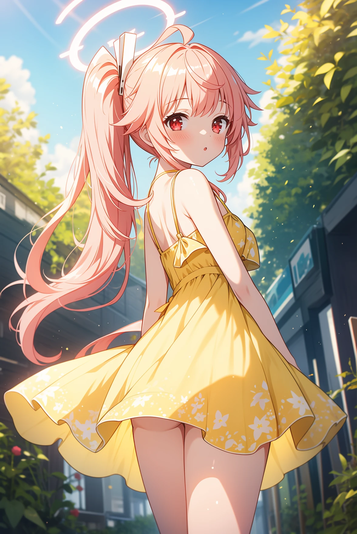 1girl, solo, outdoors, garden, looking at viewer, masterpiece, best quality, high resolution, unity 8k wallpaper, (illustration:0.8), (perfect hands, perfect anatomy), blush, shiny hair, shiny skin, natsu, long hair, pink hair, side ponytail, ahoge, red eyes, halo, small breasts, yellow sundress, looking back, thighs, from behind, arms between legs